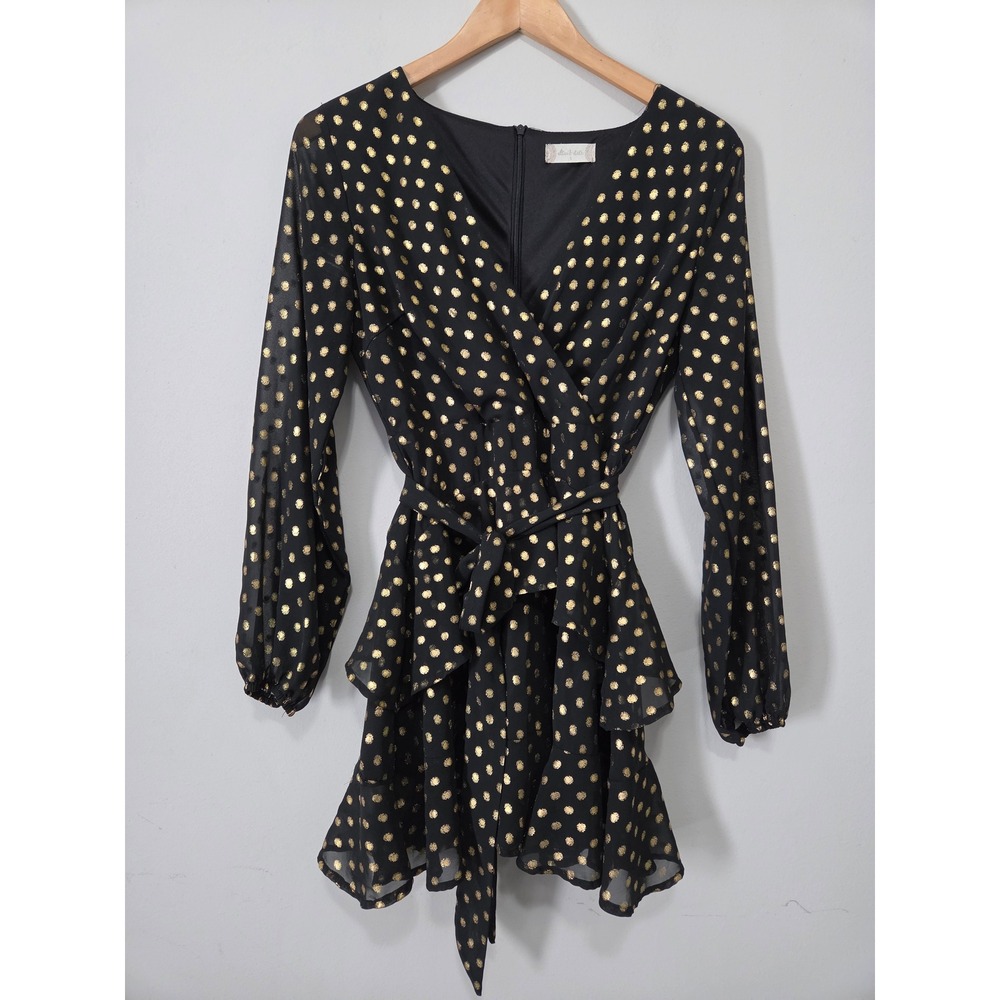 Altar'd State Black Gold Foil Polka Dot Tiered Ruffle Mini Dress Small Long Slev